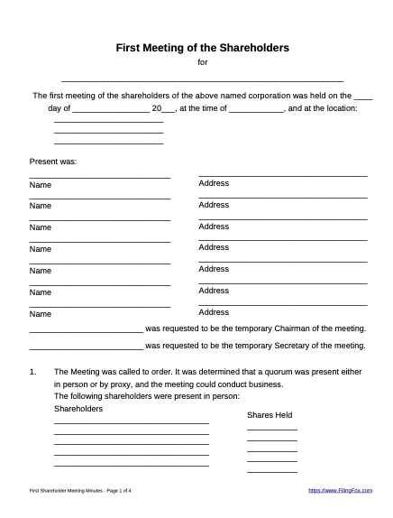 First Shareholder Organizational Meeting Template