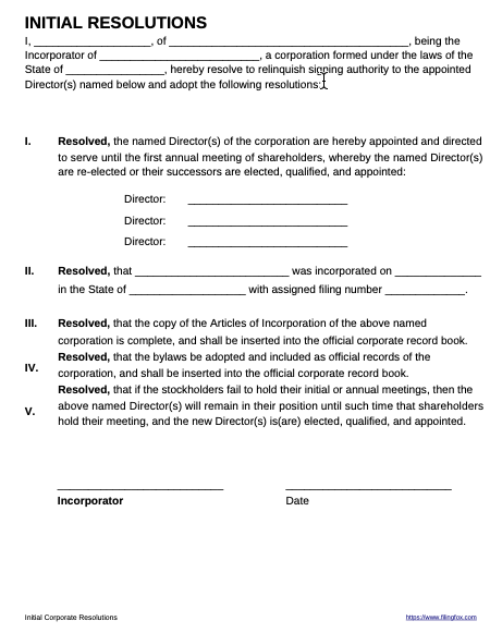 Initial Resolution for Directors