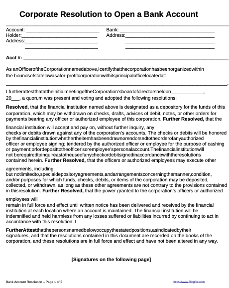 Corporate Banking Resolution Template